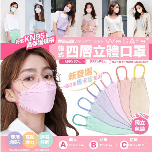 香港WeSafe 馬卡龍色系韓式四層立體口罩 一盒24入
